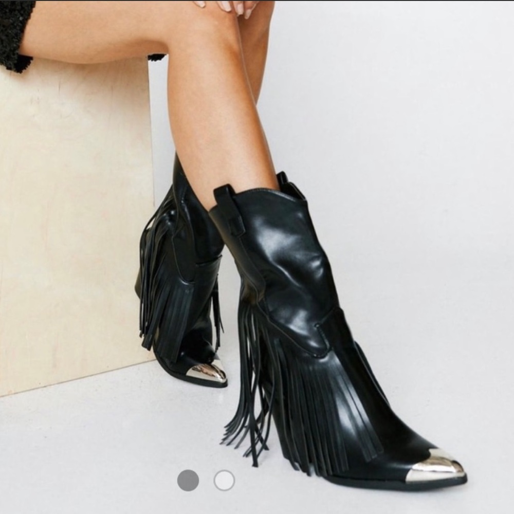 NastyGal Faux Leather Fringe Western Boots